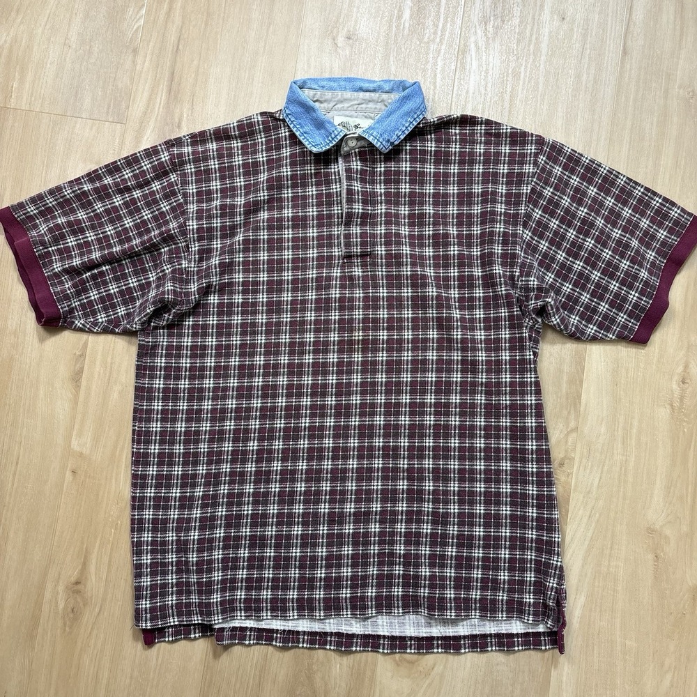 LL Bean Men's Red Plaid Polo Denim Collar Medium 90s Retro Dad Short Sleeve